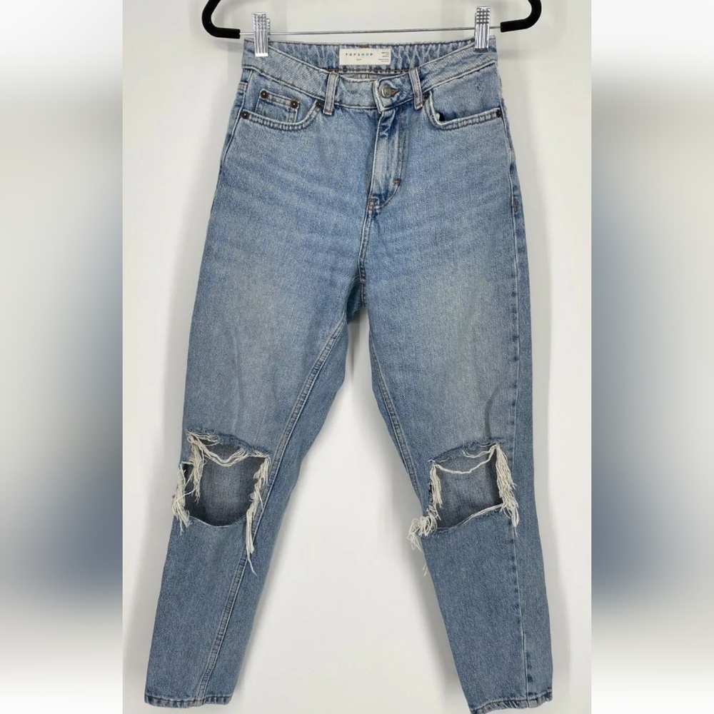 TOPSHOP High Rise Mom Busted Knees Cropped Cotton Denim Jeanes W28L30